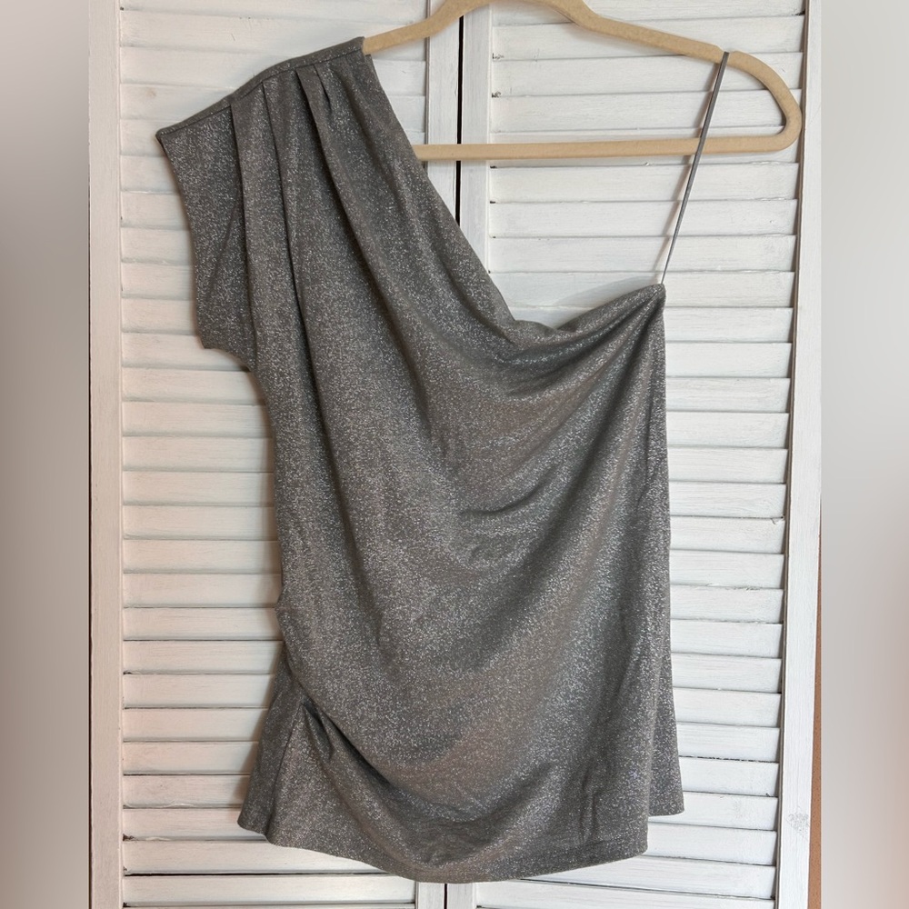 Ann Taylor one shoulder sparkly silver metallic top blouse womens size medium